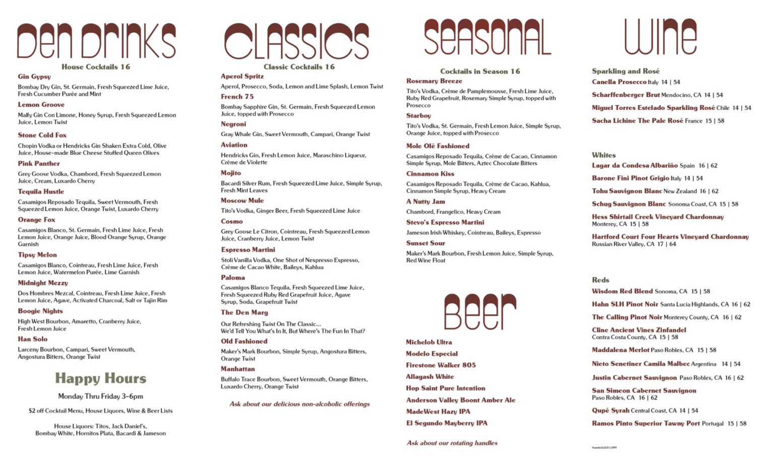 The Fox Den Fall 2025 Menu